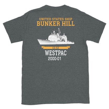 USS Bunker Hill (CG-52) 2000-01 WESTPAC Short-Sleeve Unisex T-Shirt – back view, heather