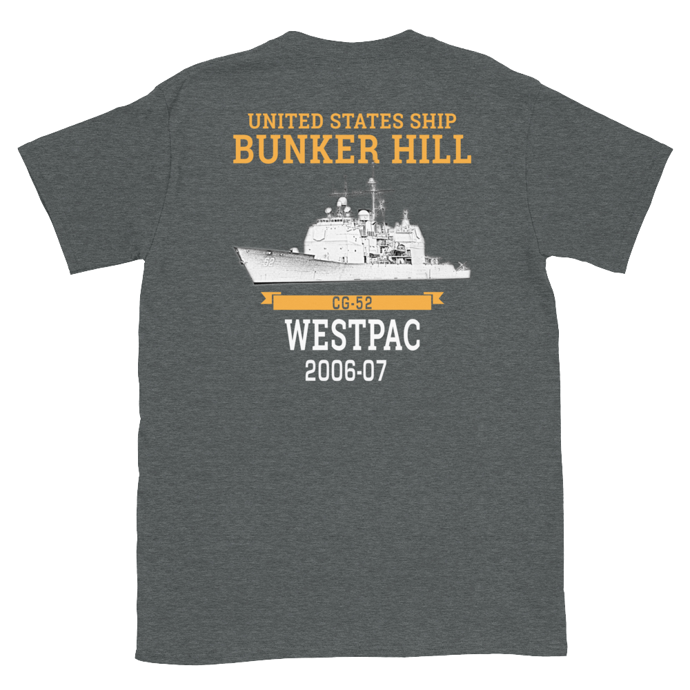 USS Bunker Hill (CG-52) 2006-07 WESTPAC Short-Sleeve Unisex T-Shirt – back view, heather