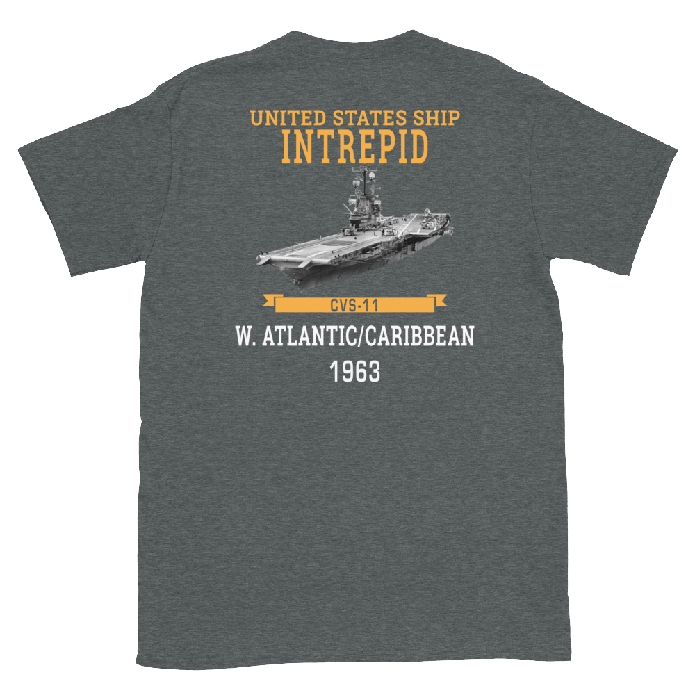 USS Intrepid (CVS-11) 1963 W. Atlantic/Caribbean Short-Sleeve T-Shirt – back view, heather