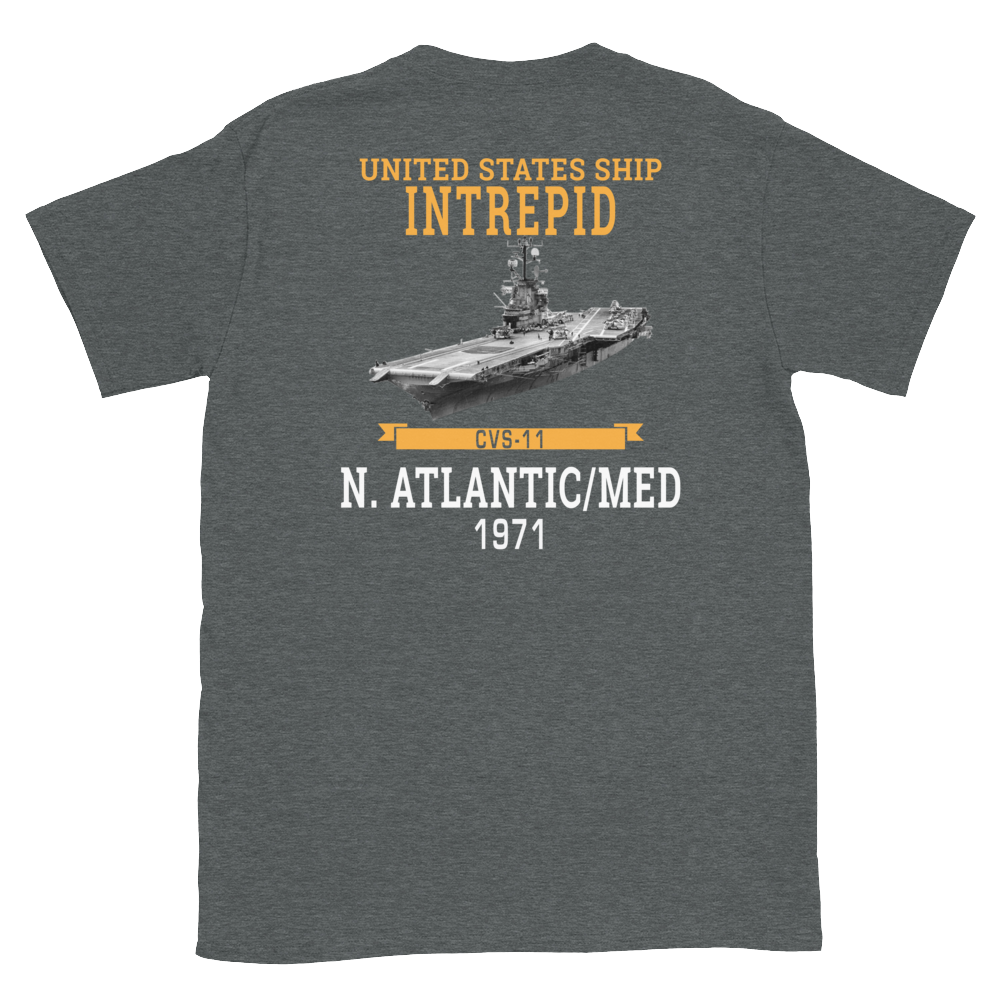 USS Intrepid (CVS-11) 1971 N.Atlantic/MED Short-Sleeve T-Shirt – back view, heather