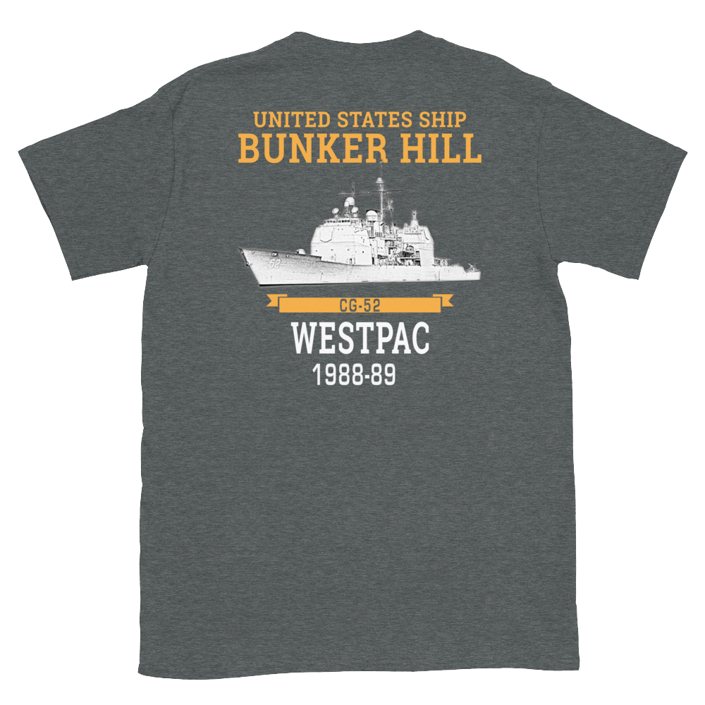 USS Bunker Hill (CG-52) 1988-89 WESTPAC Short-Sleeve Unisex T-Shirt – back view, heather