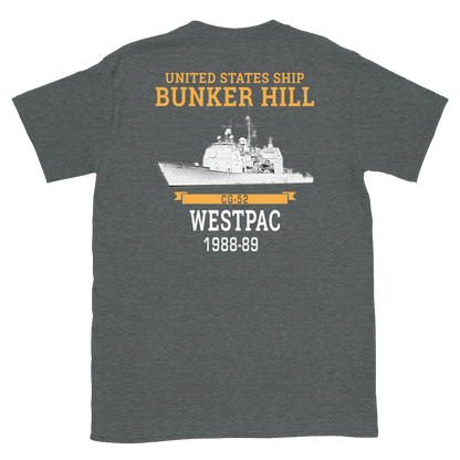USS Bunker Hill (CG-52) 1988-89 WESTPAC Short-Sleeve Unisex T-Shirt – back view, heather