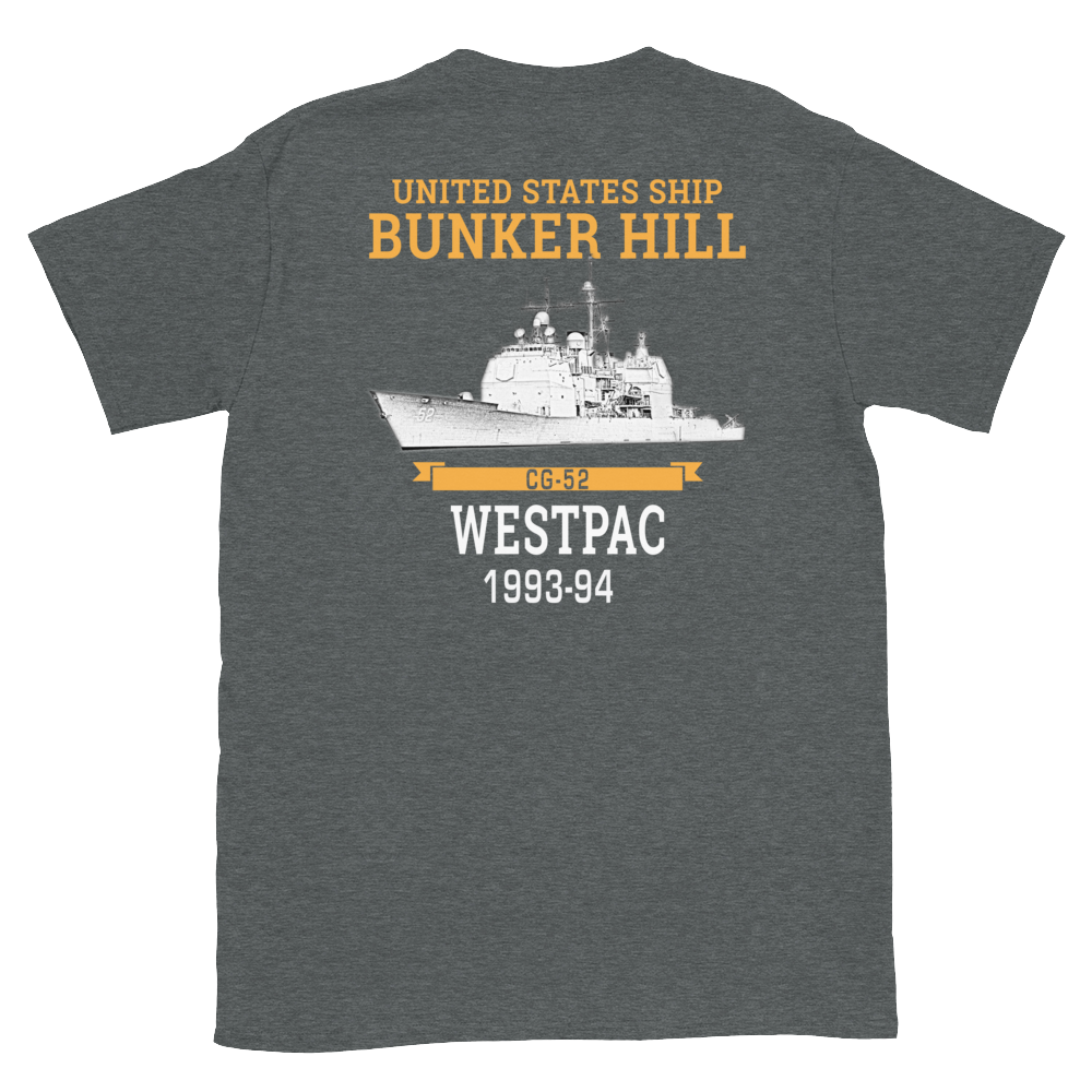 USS Bunker Hill (CG-52) 1993-94 WESTPAC Short-Sleeve Unisex T-Shirt – back view, heather