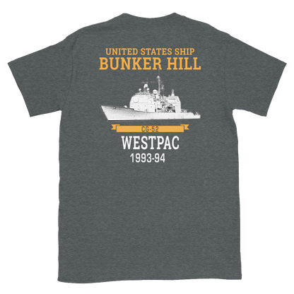 USS Bunker Hill (CG-52) 1993-94 WESTPAC Short-Sleeve Unisex T-Shirt – back view, heather