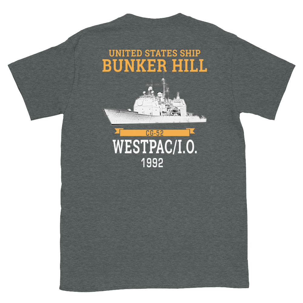 USS Bunker Hill (CG-52) 1992 WESTPAC/IO Short-Sleeve Unisex T-Shirt – back view, heather