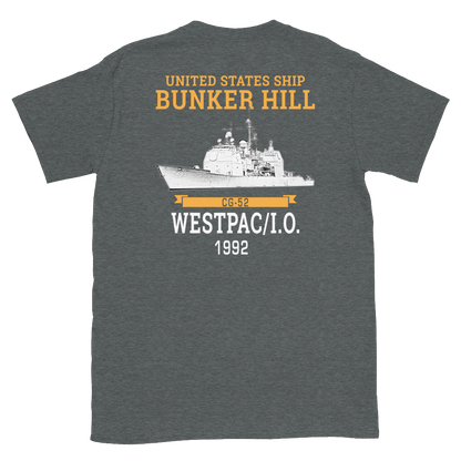 USS Bunker Hill (CG-52) 1992 WESTPAC/IO Short-Sleeve Unisex T-Shirt – back view, heather
