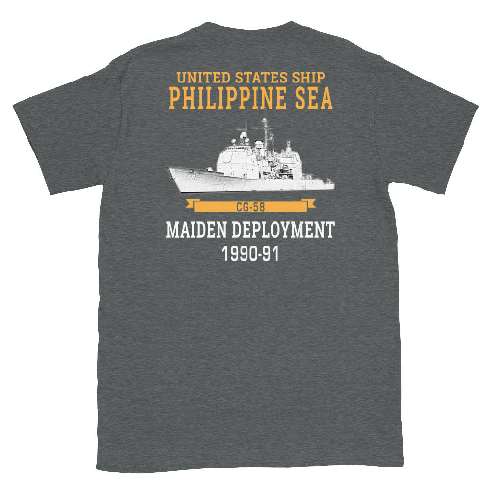 USS Philippine Sea (CG-58) 1990-91 Short-Sleeve Unisex T-Shirt – back view, heather