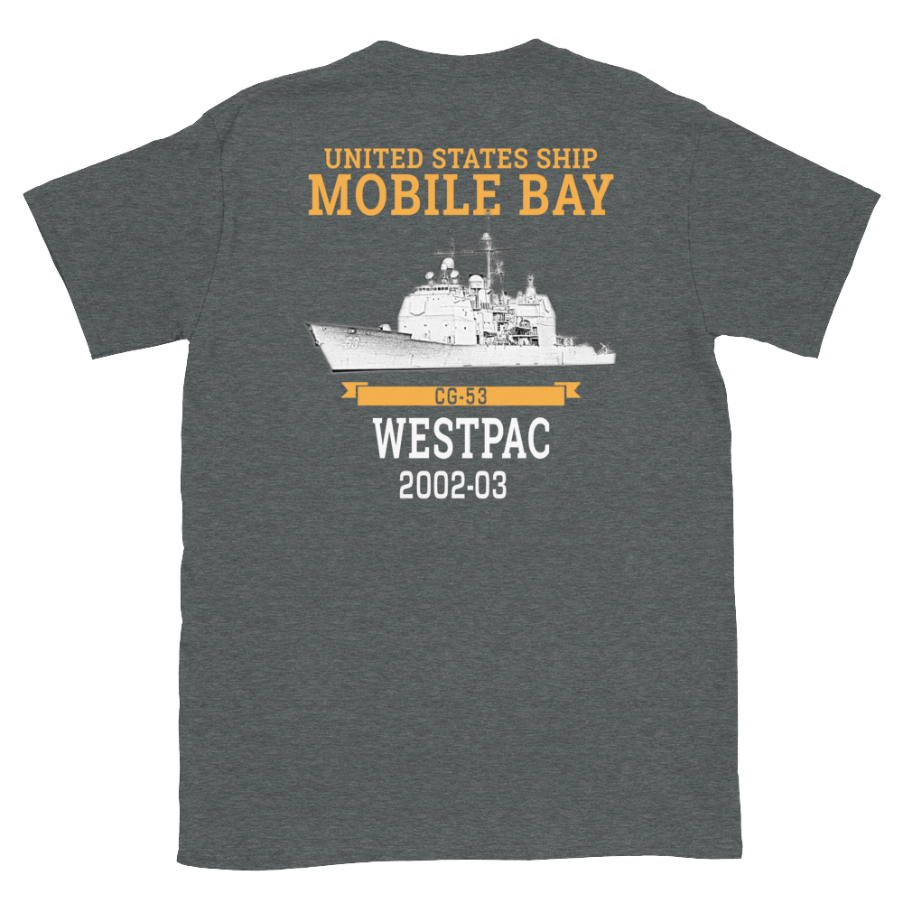 USS Mobile Bay (CG-53) 2002-03 Deployment Short-Sleeve T-Shirt – back view, heather