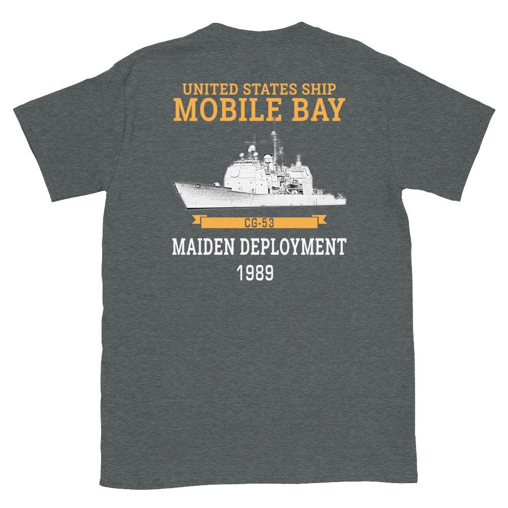 USS Mobile Bay (CG-53) 1989 Deployment Short-Sleeve T-Shirt – back view, heather