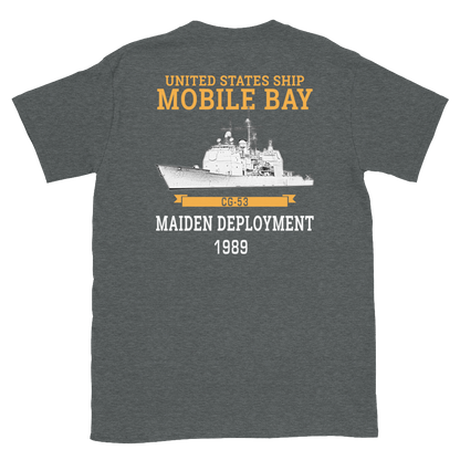 USS Mobile Bay (CG-53) 1989 Deployment Short-Sleeve T-Shirt – back view, heather