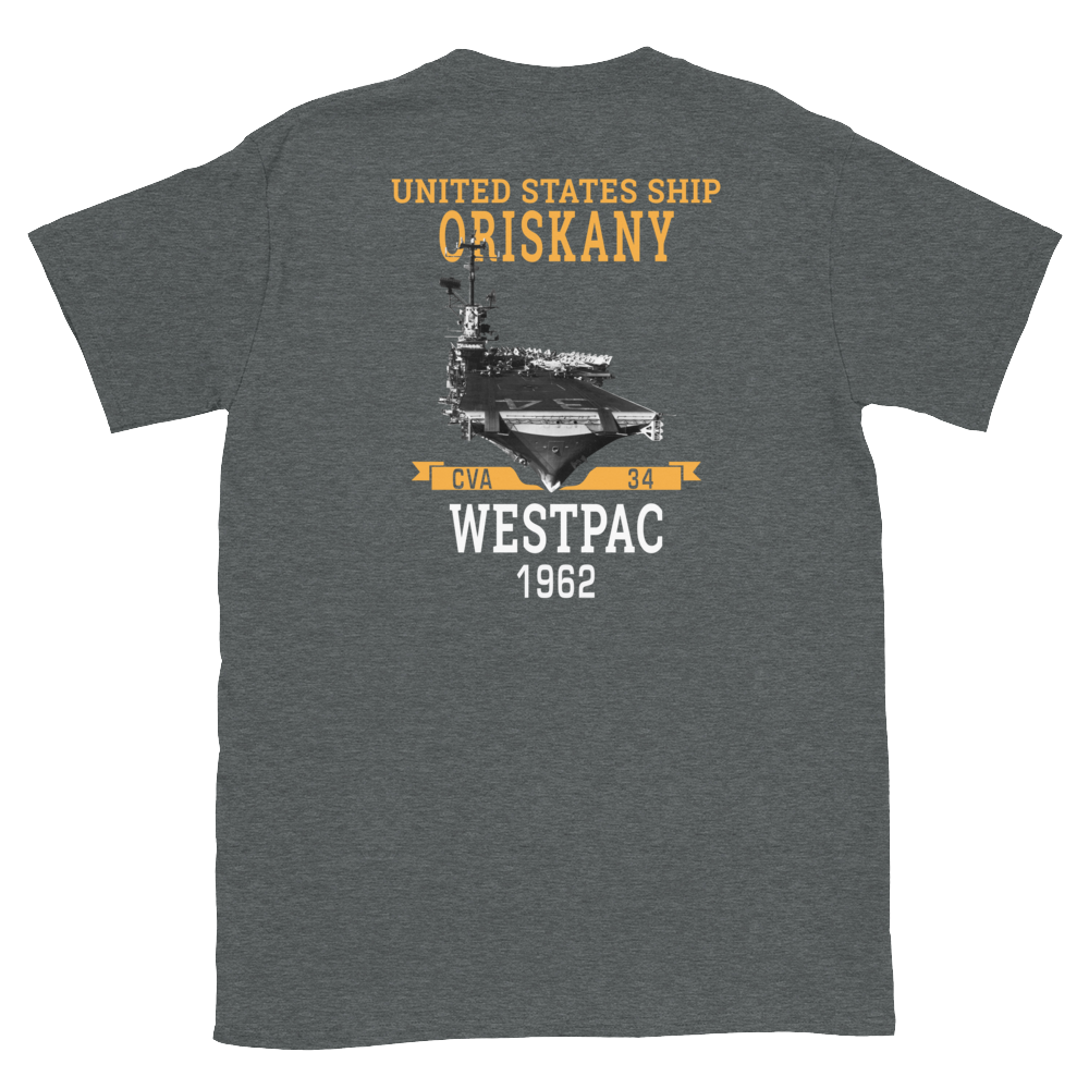 USS Oriskany (CVA-34) 1962 WESTPAC Short-Sleeve Unisex T-Shirt – back view, heather