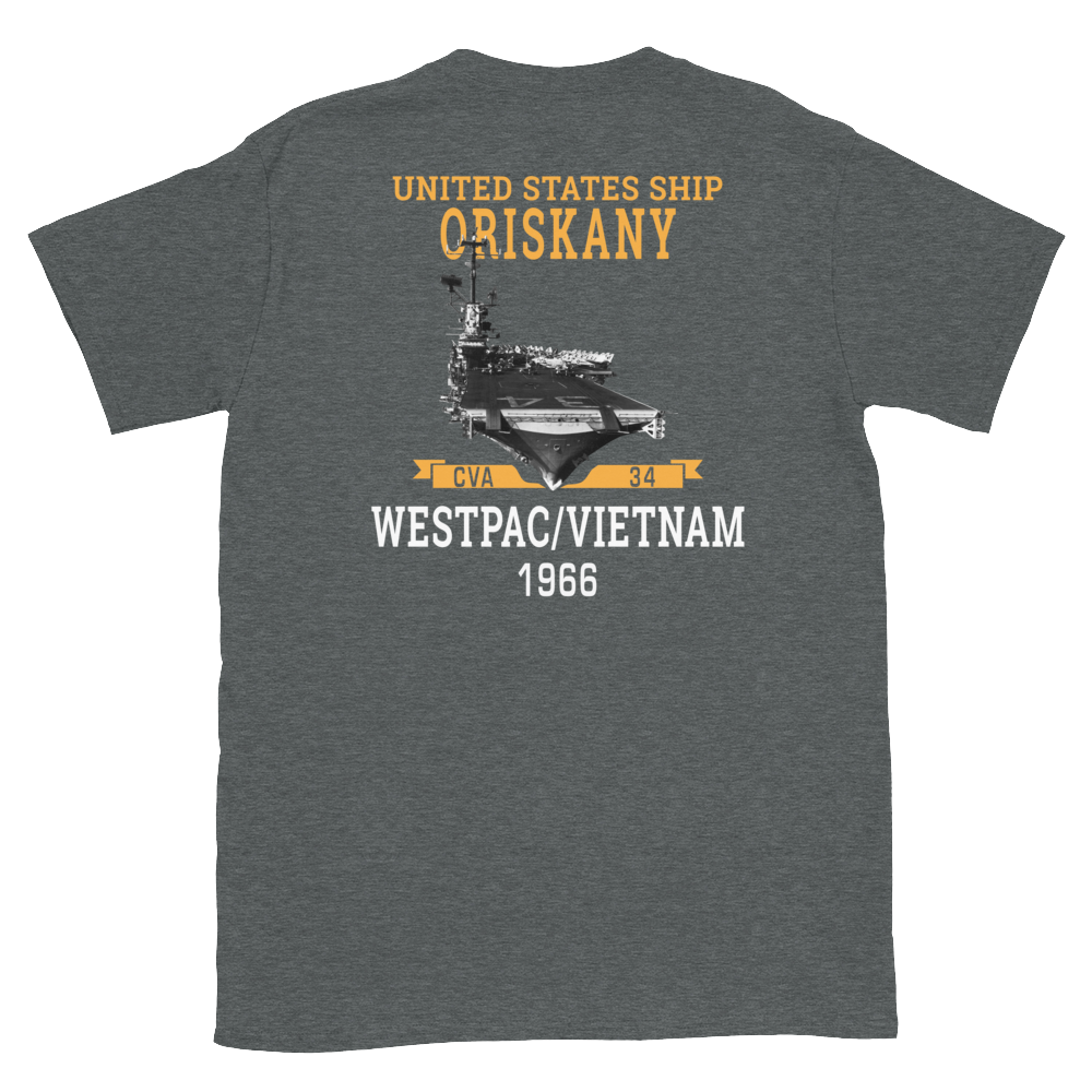 USS Oriskany (CVA-34) 1966 WESTPAC/VIETNAM Short-Sleeve Unisex T-Shirt – back view, heather