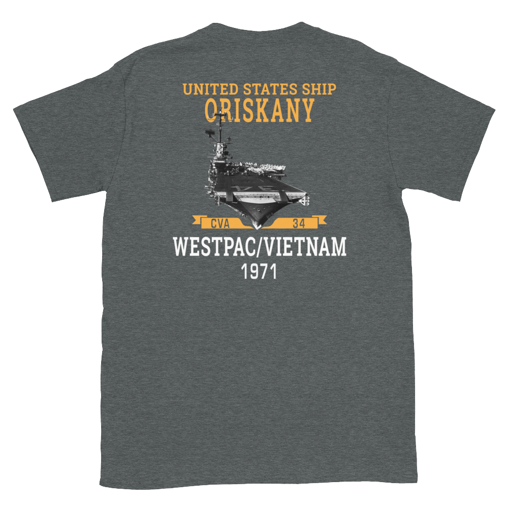 USS Oriskany (CVA-34) 1971 WESTPAC/VIETNAM Short-Sleeve Unisex T-Shirt – back view, heather