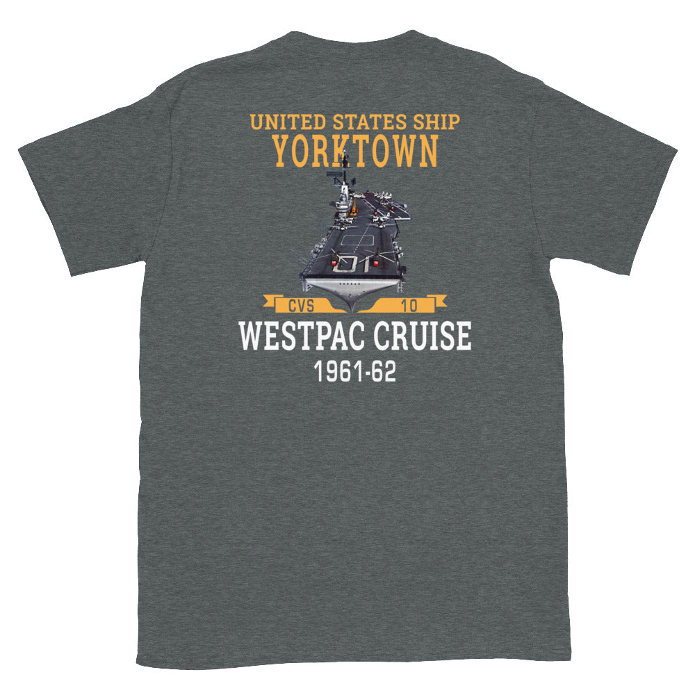 USS Yorktown (CVS-10) 1961-62 WESTPAC Short-Sleeve Unisex T-Shirt – back view, heather