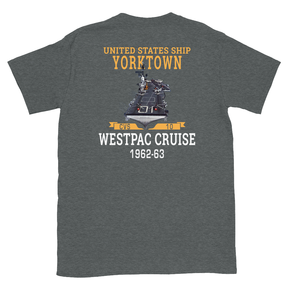 USS Yorktown (CVS-10) 1962-63 WESTPAC Short-Sleeve Unisex T-Shirt – back view, heather