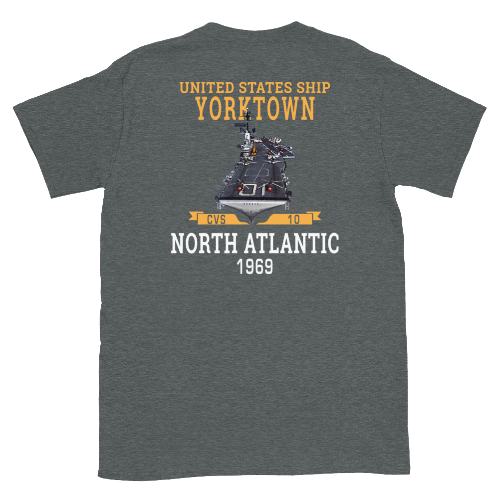 USS Yorktown (CVS-10) 1969 NORTH ATLANTIC Short-Sleeve Unisex T-Shirt – back view, heather