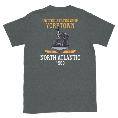 USS Yorktown (CVS-10) 1969 NORTH ATLANTIC Short-Sleeve Unisex T-Shirt – back view, heather