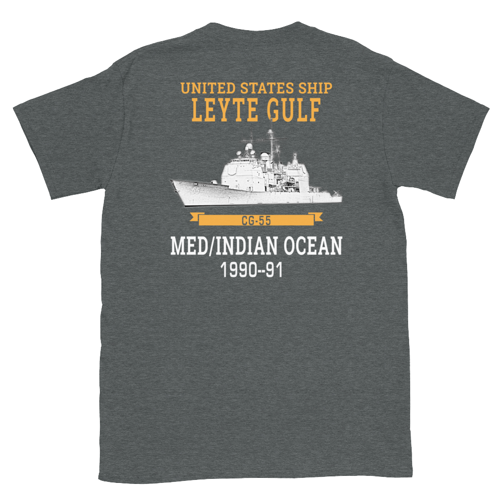 USS Leyte Gulf (CG-55) 1990-91 Deployment Short-Sleeve T-Shirt – back view, heather