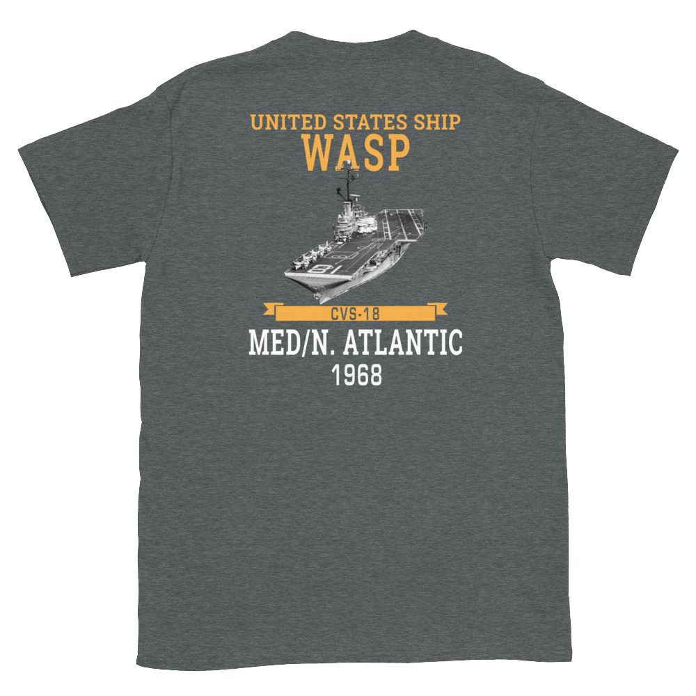 USS Wasp (CVS-18) 1968 MED/N. ATLANTIC Short-Sleeve Unisex T-Shirt – back view, heather