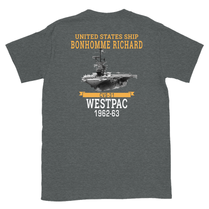 USS Bonhomme Richard (CVS-31) 1962-63 WESTPAC Short-Sleeve Unisex T-Shirt – back view, heather