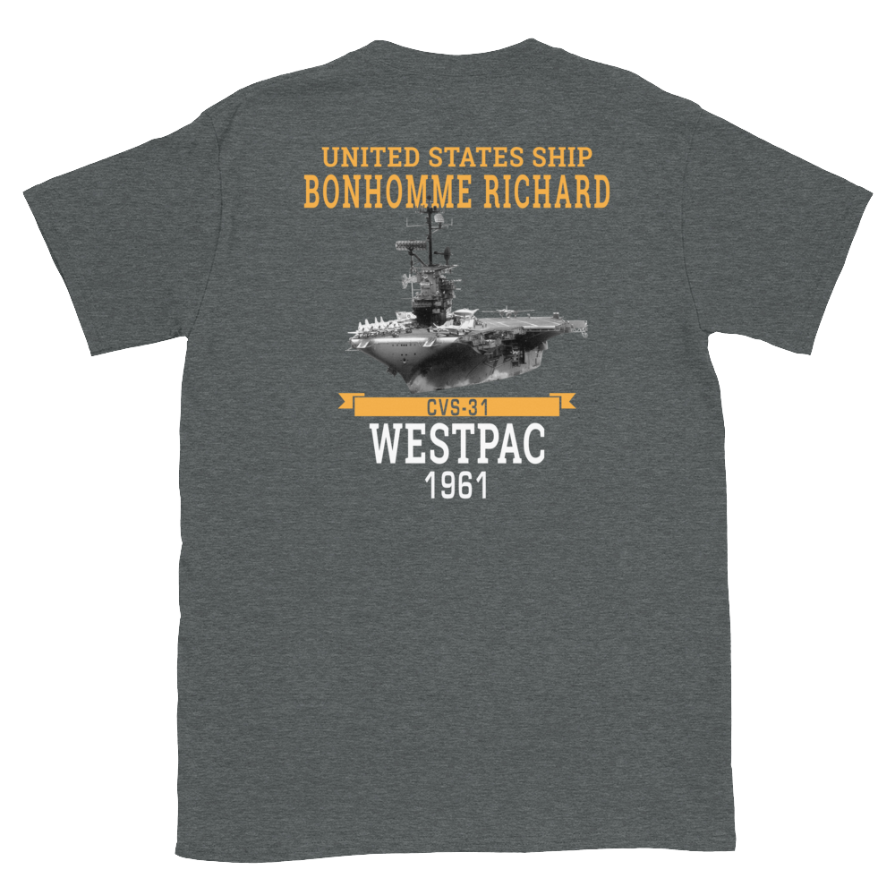 USS Bonhomme Richard (CVS-31) 1961 WESTPAC Short-Sleeve Unisex T-Shirt – back view, heather