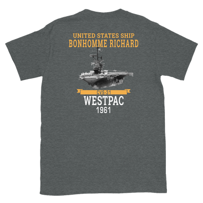 USS Bonhomme Richard (CVS-31) 1961 WESTPAC Short-Sleeve Unisex T-Shirt – back view, heather