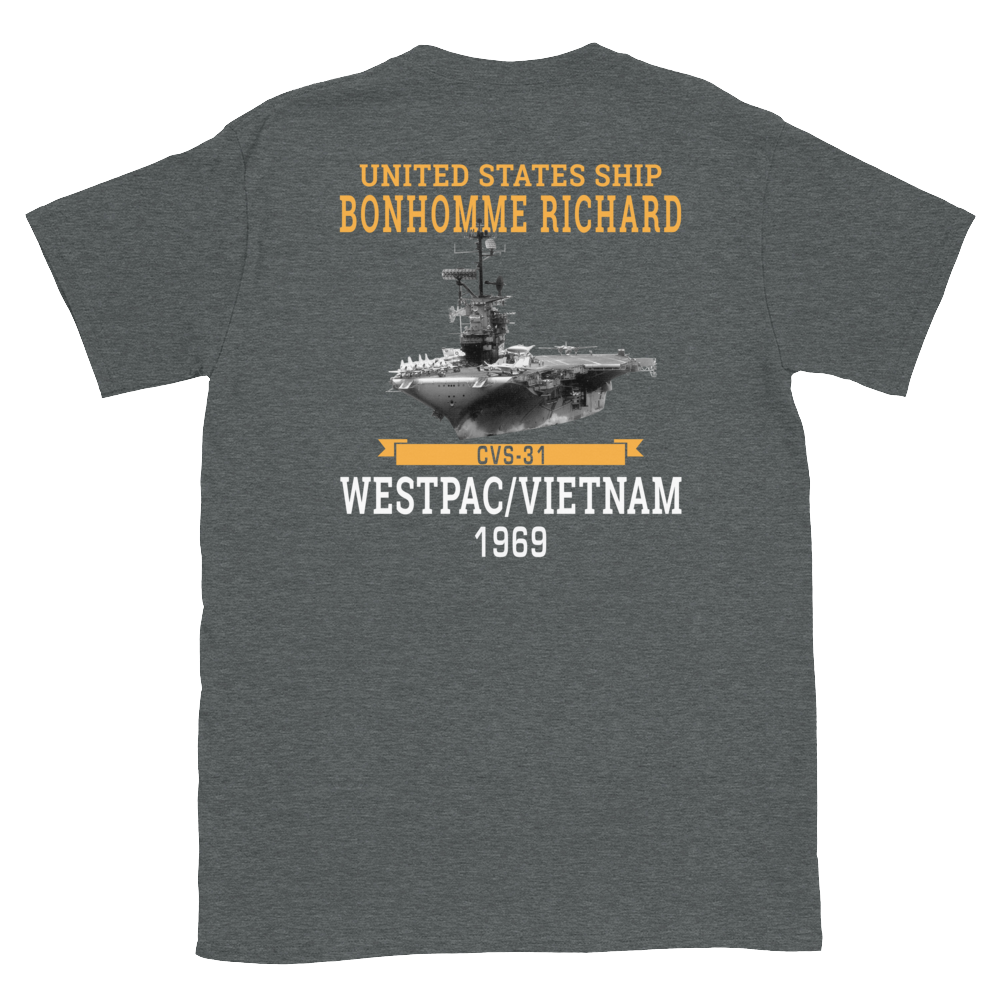 USS Bonhomme Richard (CVS-31) 1969 WESTPAC/VIETNAM Short-Sleeve Unisex T-Shirt – back view, heather