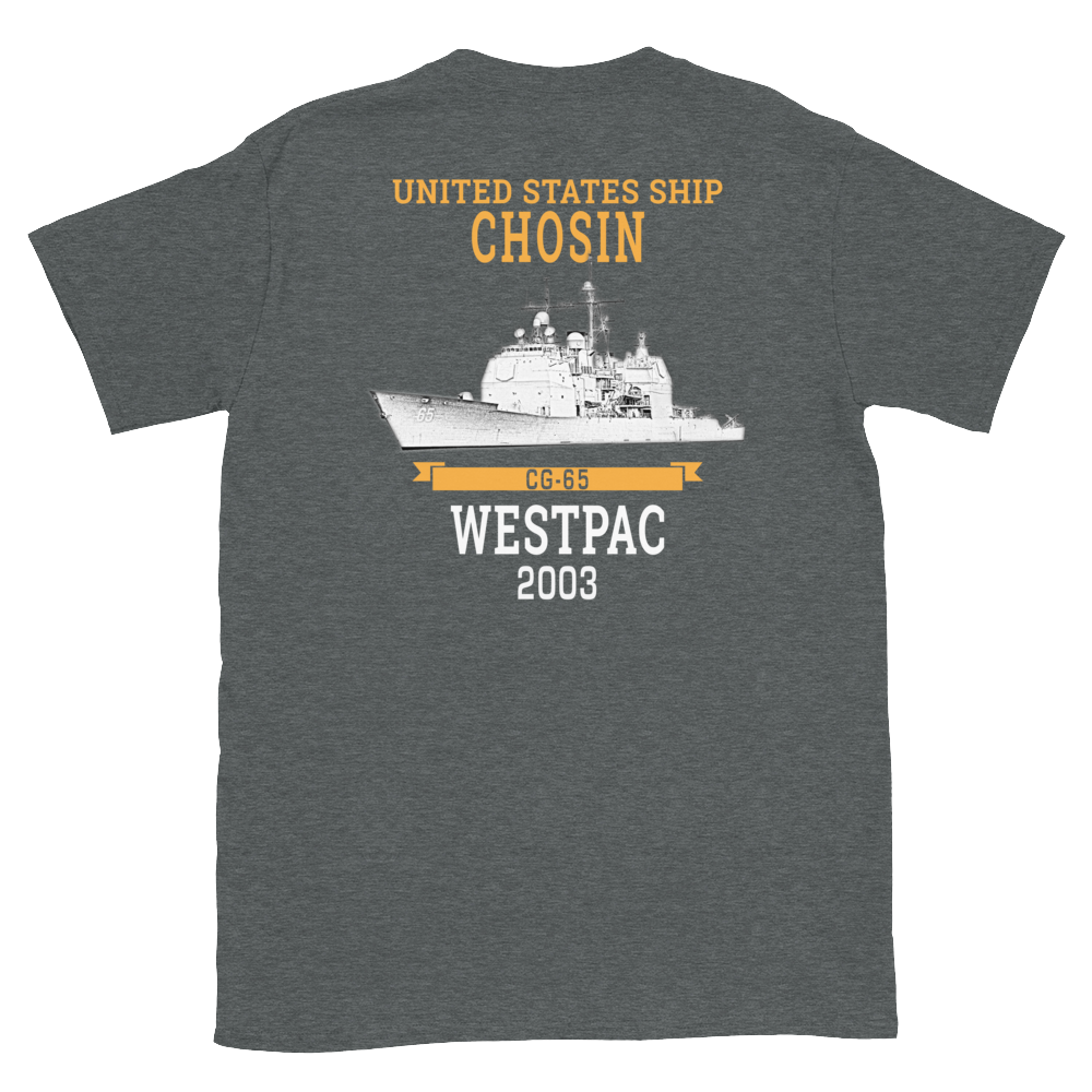 USS Chosin (CG-65) 2003 WESTPAC Short-Sleeve Unisex T-Shirt – back view, heather