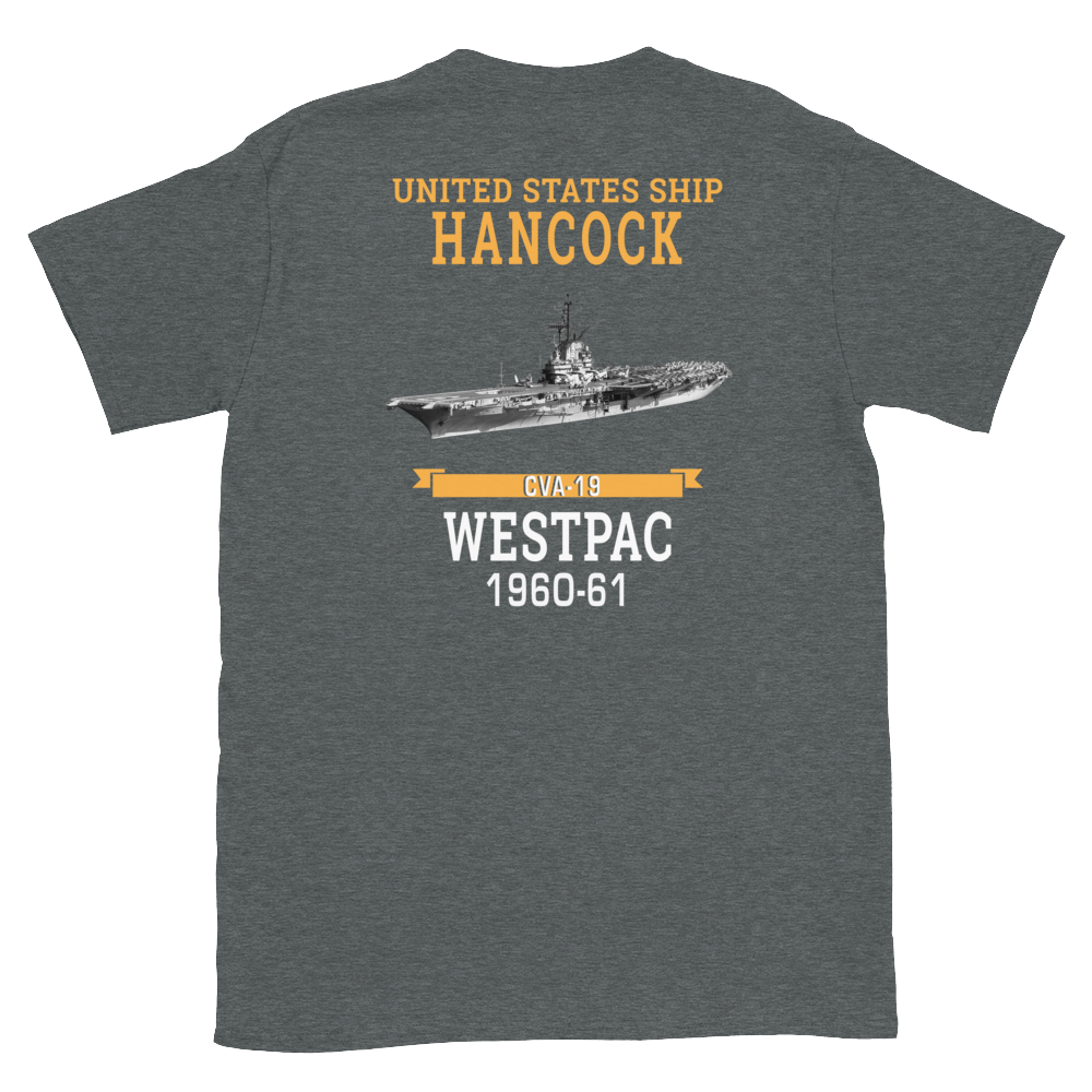 USS Hancock (CVA-19) 1960-61 WESTPAC Short-Sleeve Unisex T-Shirt – back view, heather