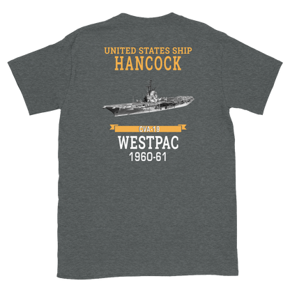 USS Hancock (CVA-19) 1960-61 WESTPAC Short-Sleeve Unisex T-Shirt – back view, heather