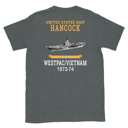 USS Hancock (CVA-19) 1973-74 WESTPAC/VIETNAM Short-Sleeve Unisex T-Shirt – back view, heather
