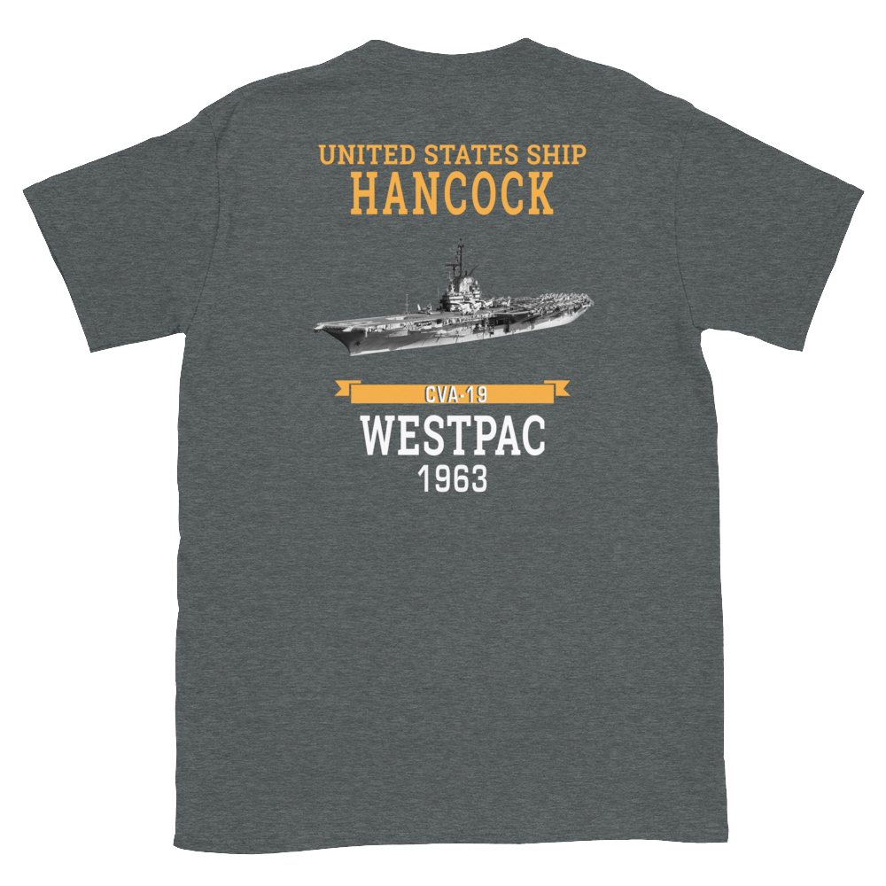 USS Hancock (CVA-19) 1963 WESTPAC Short-Sleeve Unisex T-Shirt – back view, heather