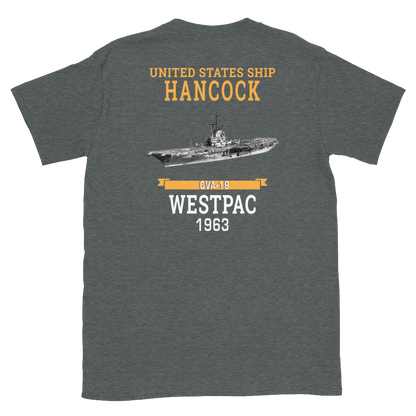 USS Hancock (CVA-19) 1963 WESTPAC Short-Sleeve Unisex T-Shirt – back view, heather