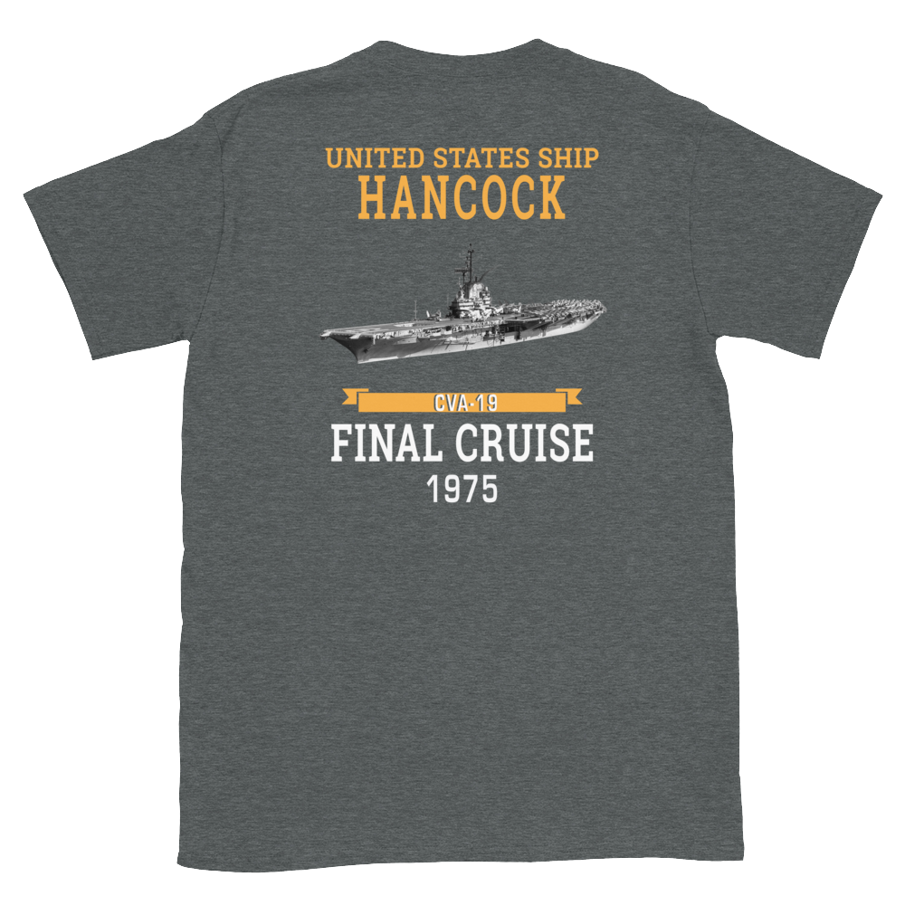 USS Hancock (CVA-19) 1975 FINAL CRUISE Short-Sleeve Unisex T-Shirt – back view, heather