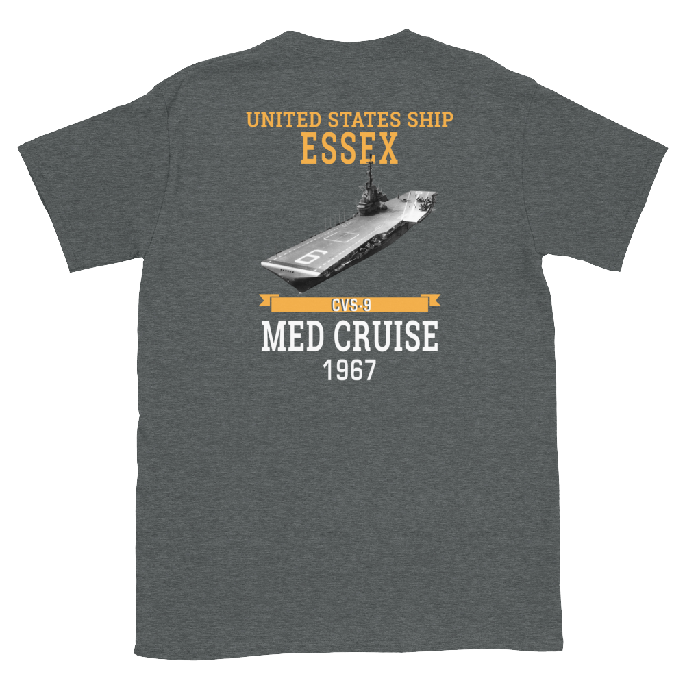 USS Essex (CVS-9) 1967 MED CRUISE T-Shirt – back view, heather