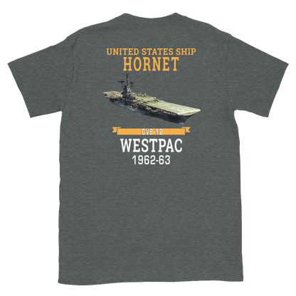 USS Hornet (CVS-12) 1962-63 WESTPAC T-Shirt – back view, heather