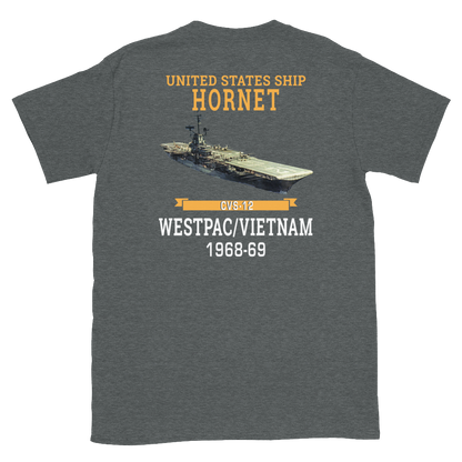 USS Hornet (CVS-12) 1968-69 WESTPAC/VIETNAM T-Shirt – back view, heather