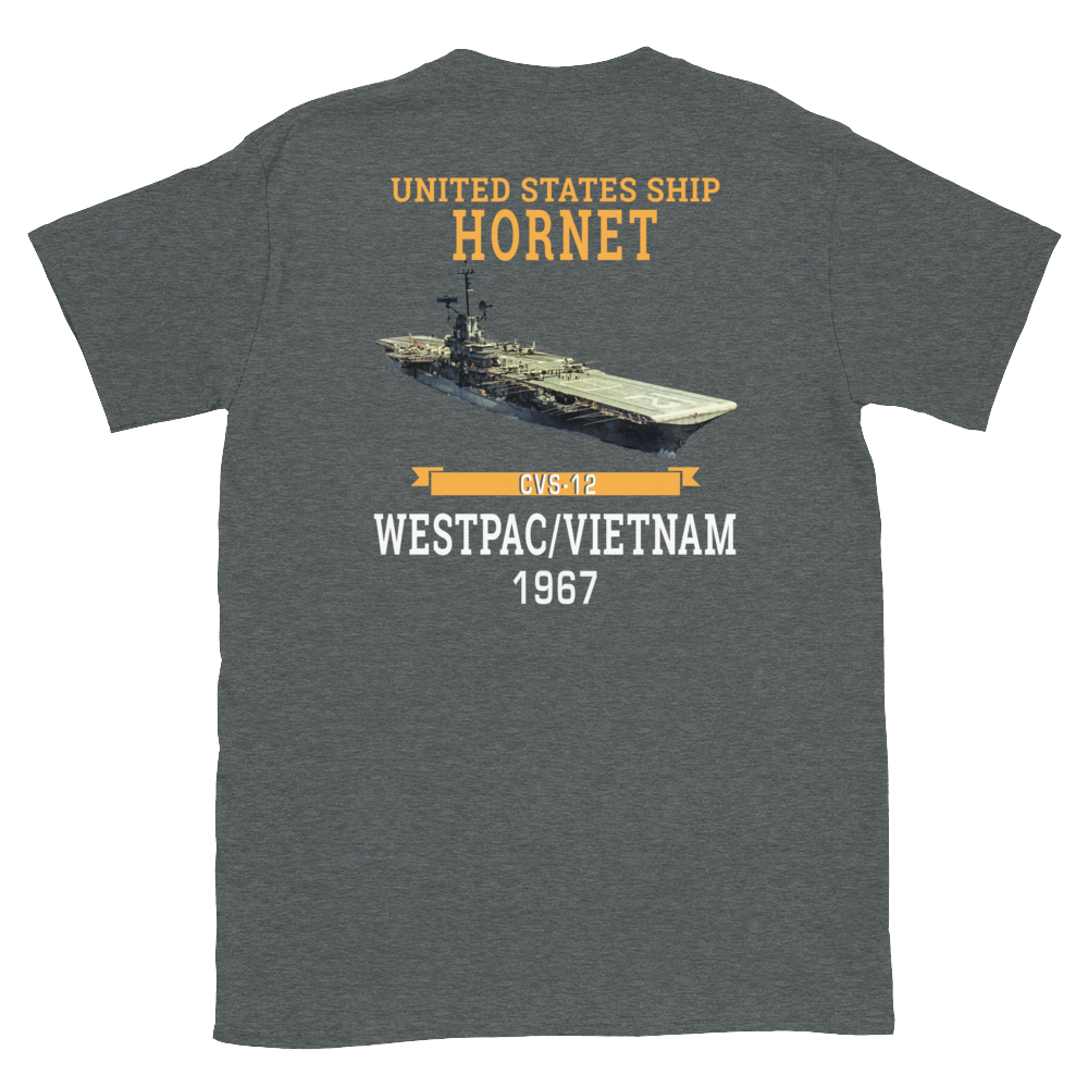 USS Hornet (CVS-12) 1967 WESTPAC/VIETNAM T-Shirt – back view, heather