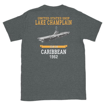 USS Lake Champlain (CVS-39) 1962 CARIBBEAN T-Shirt – back view, heather