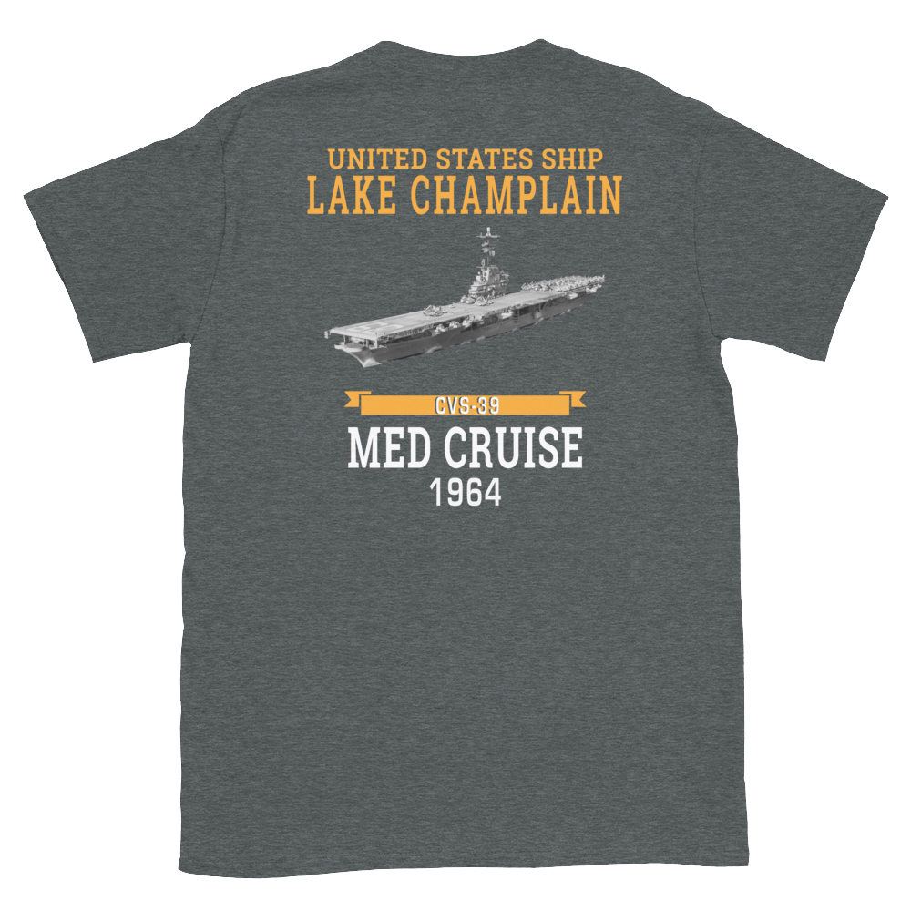 USS Lake Champlain (CVS-39) 1964 MED CRUISE T-Shirt – back view, heather