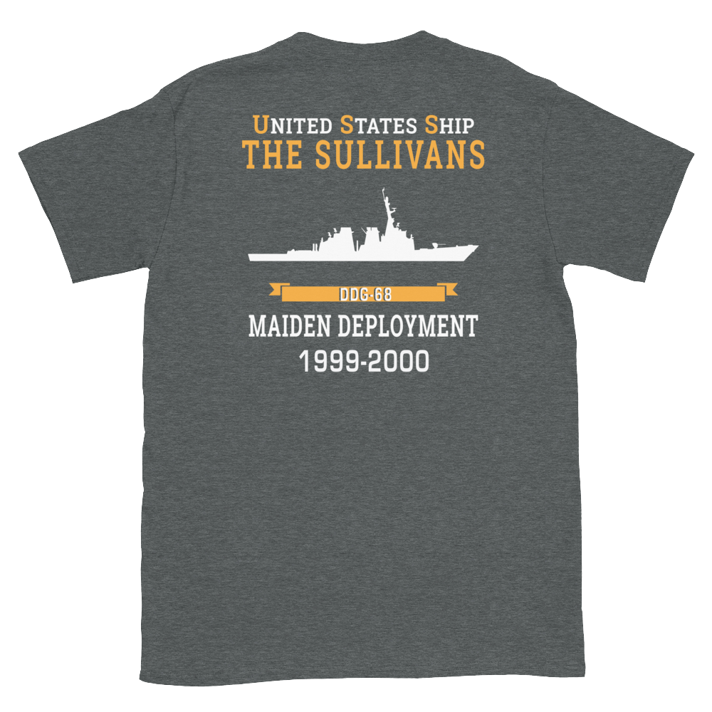 USS The Sullivans (DDG-68) 1999-2000 MAIDEN DEPLOYMENT Short-Sleeve Unisex T-Shirt – back view, heather
