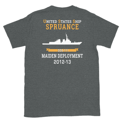 USS Spruance (DDG-111) 2012-13 MAIDEN DEPLOYMENT Short-Sleeve Unisex T-Shirt – back view, heather