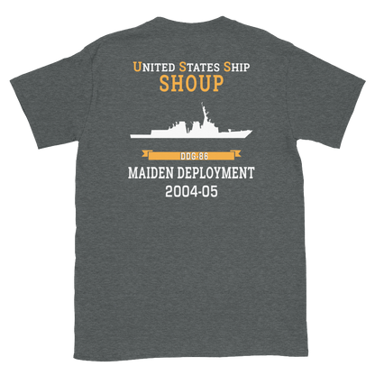 USS Shoup (DDG-86) 2004-05 MAIDEN DEPLOYMENT Short-Sleeve Unisex T-Shirt – back view, heather