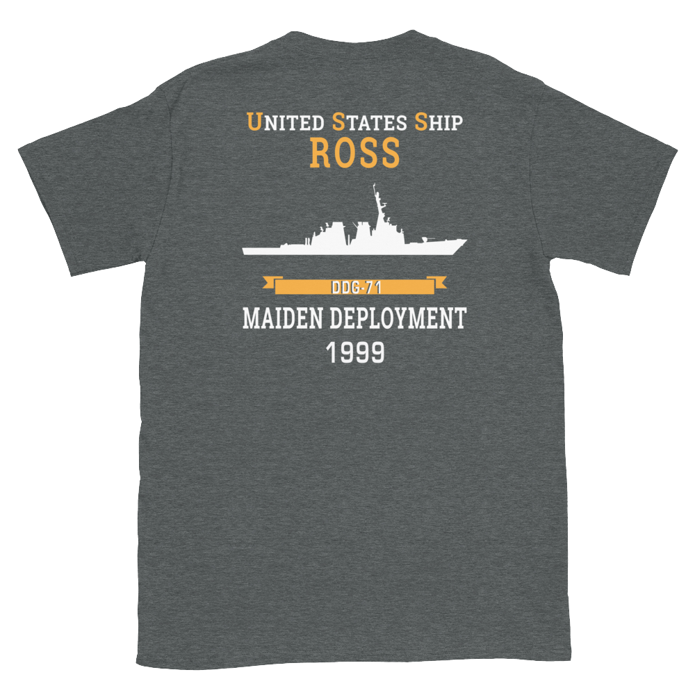 USS Ross (DDG-71) 1999 MAIDEN DEPLOYMENT Short-Sleeve Unisex T-Shirt – back view, heather