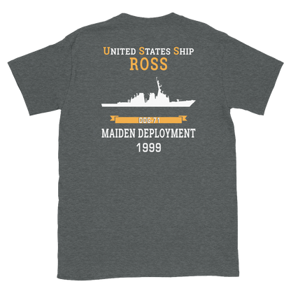 USS Ross (DDG-71) 1999 MAIDEN DEPLOYMENT Short-Sleeve Unisex T-Shirt – back view, heather