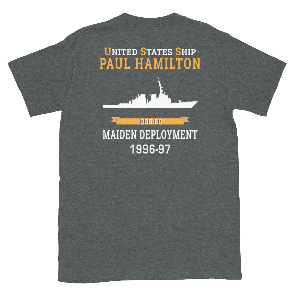 USS Paul Hamilton (DDG-60) 1996-97 MAIDEN DEPLOYMENT Short-Sleeve Unisex T-Shirt – back view, heather