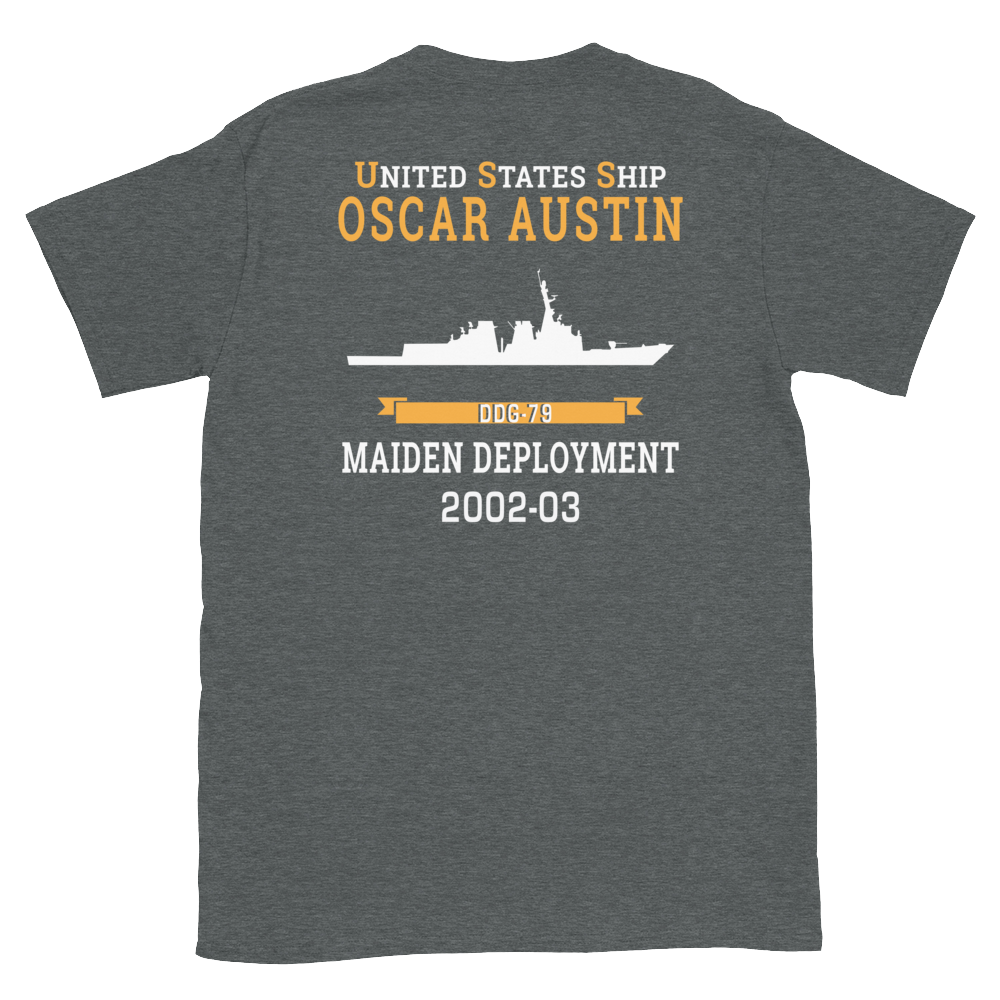 USS Oscar Austin (DDG-79) 2002-03 MAIDEN DEPLOYMENT Short-Sleeve Unisex T-Shirt – back view, heather