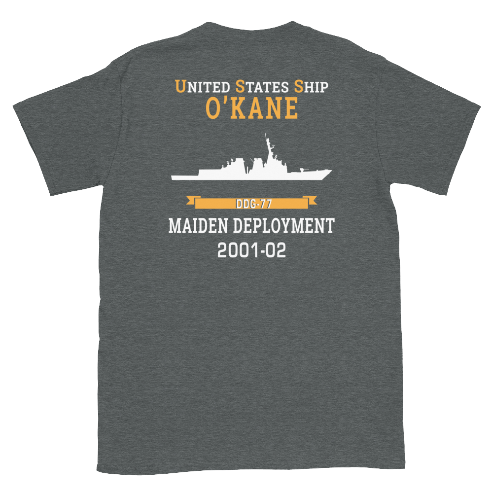 USS O'Kane (DDG-77) 2001-02 MAIDEN DEPLOYMENT Short-Sleeve Unisex T-Shirt – back view, heather