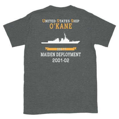 USS O'Kane (DDG-77) 2001-02 MAIDEN DEPLOYMENT Short-Sleeve Unisex T-Shirt – back view, heather