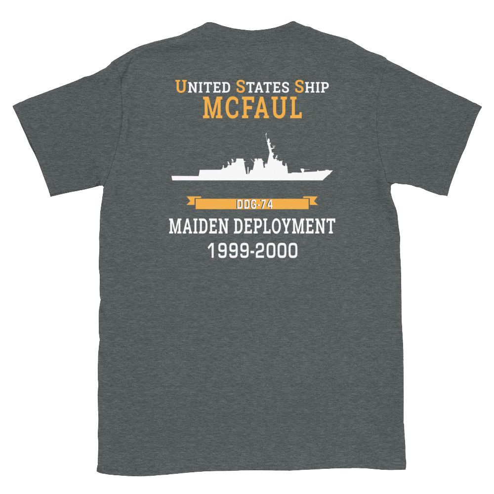 USS McFaul (DDG-74) 1999-2000 MAIDEN DEPLOYMENT Short-Sleeve Unisex T-Shirt – back view, heather